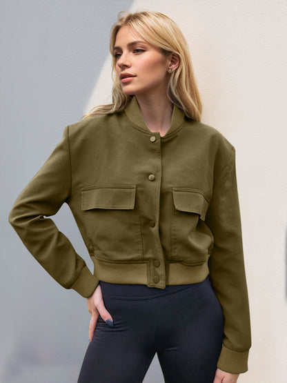 Pocketed Snap Down Baseball Collar Jacket-Angel Casuals