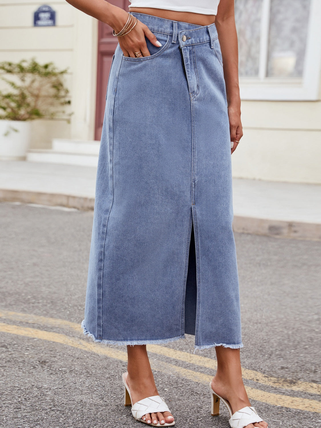 Slit Asymmetrical Waist Denim Skirt-Angel Casuals