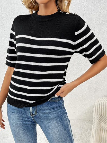 Striped Round Neck Half Sleeve Knit Top-Angel Casuals