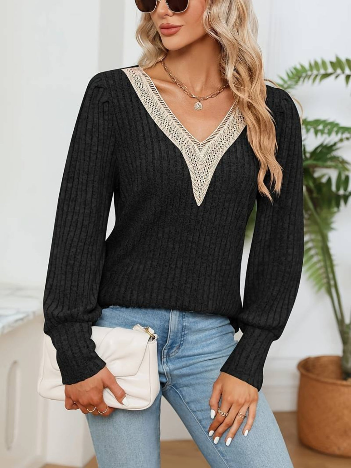 V-Neck Long Sleeve T-Shirt-Angel Casuals