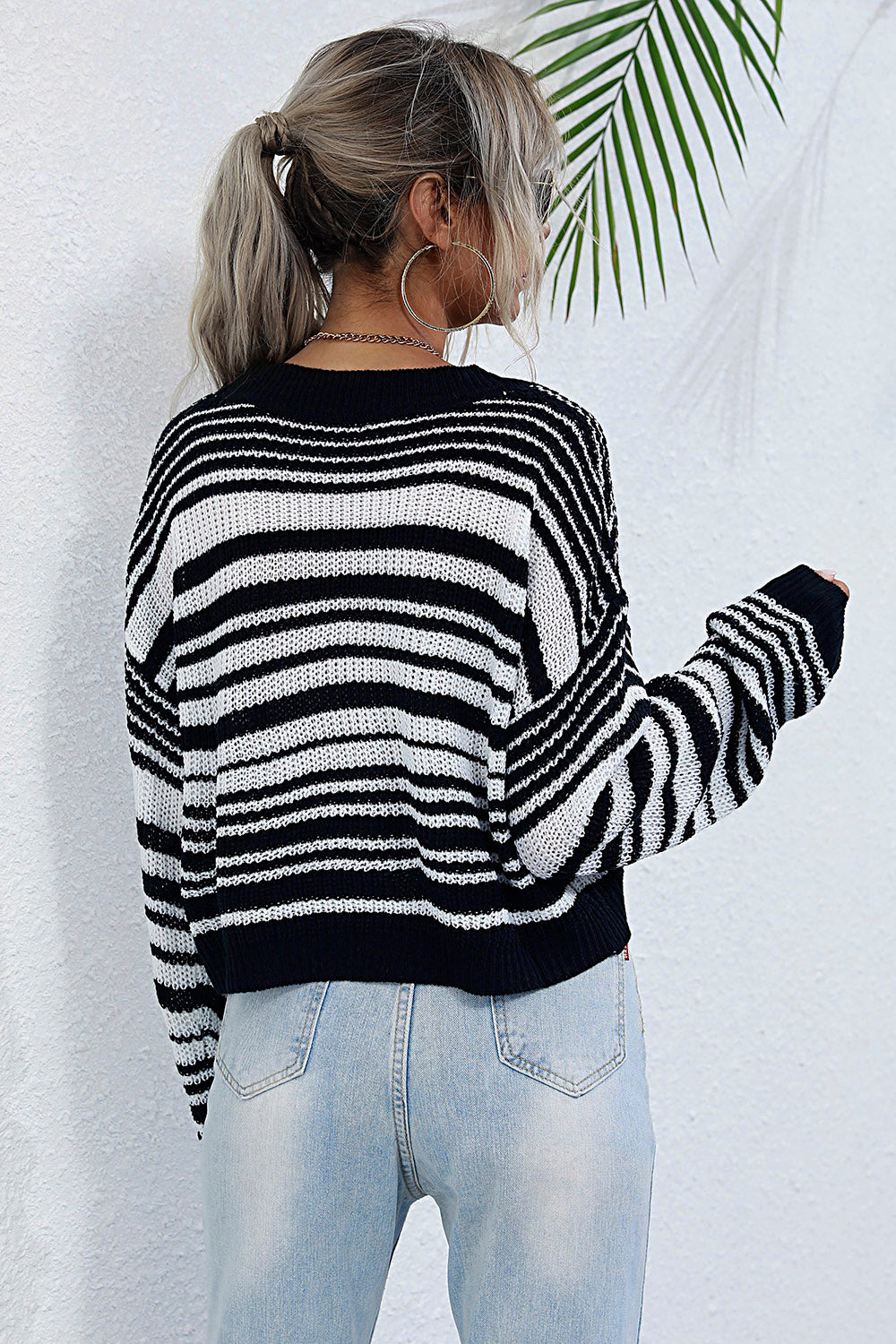 Perfee Striped Round Neck Dropped Shoulder Sweater-Angel Casuals