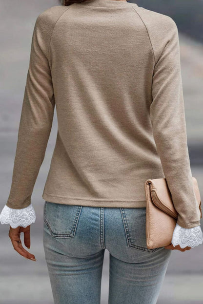 Lace Detail Round Neck Long Sleeve T-Shirt-Angel Casuals
