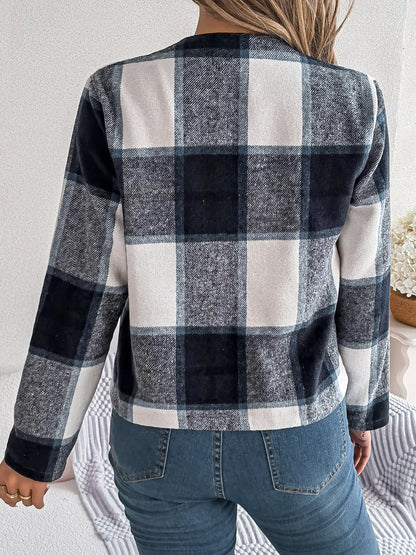 Plaid Open Front Long Sleeve Jacket-Angel Casuals