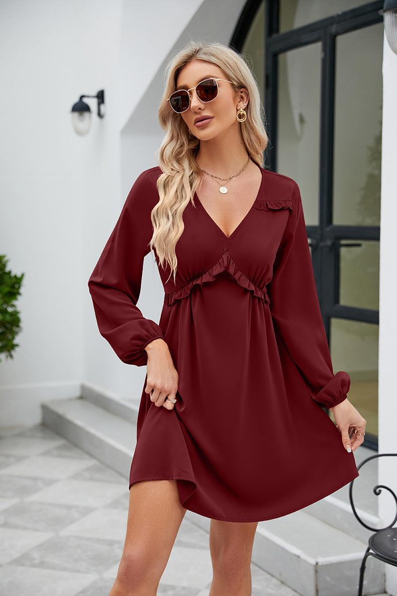 Frill Trim V-Neck Long Sleeve Dress-Angel Casuals