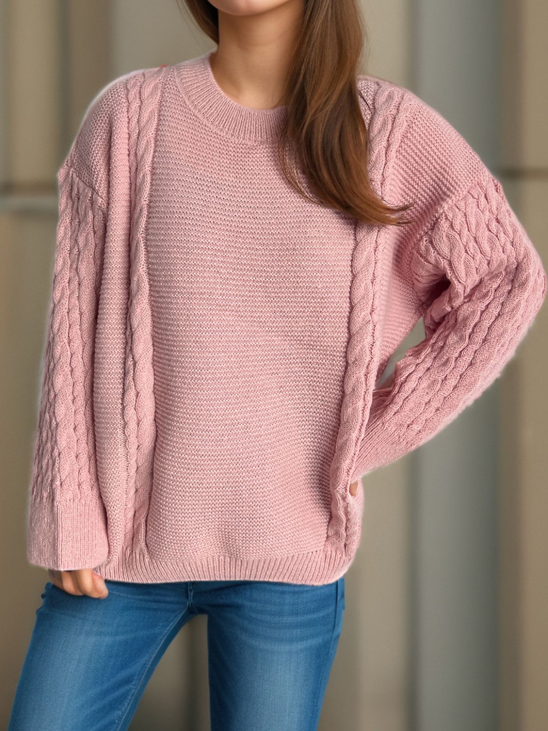 Cable-Knit Round Neck Long Sleeve Sweater-Angel Casuals