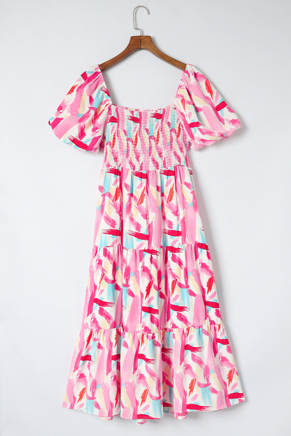 Printed Square Neck Tied Smocked Dress-Angel Casuals