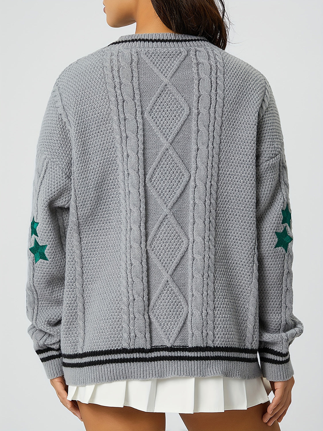 Star Embroidered V-Neck Long Sleeve Cardigan-Angel Casuals