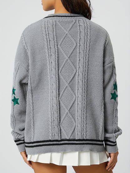 Star Embroidered V-Neck Long Sleeve Cardigan-Angel Casuals