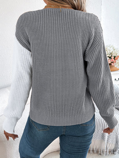 Two-Tone V-Neck Long Sleeve Sweater-Angel Casuals