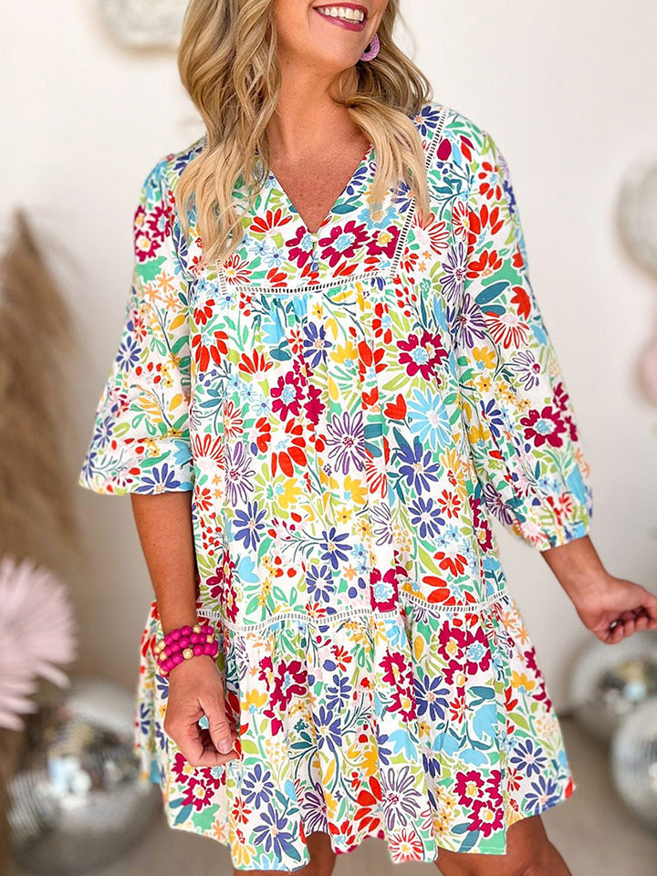 V-Neck Floral Print Long Sleeve Mini Dress-Angel Casuals