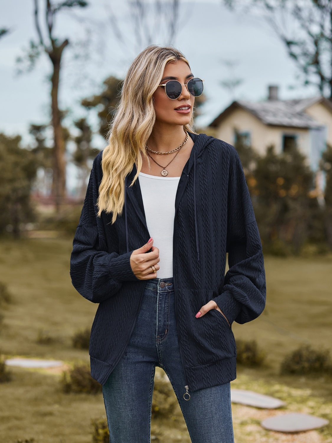 Zip Up Drawstring Long Sleeve Hooded Jacket-Angel Casuals
