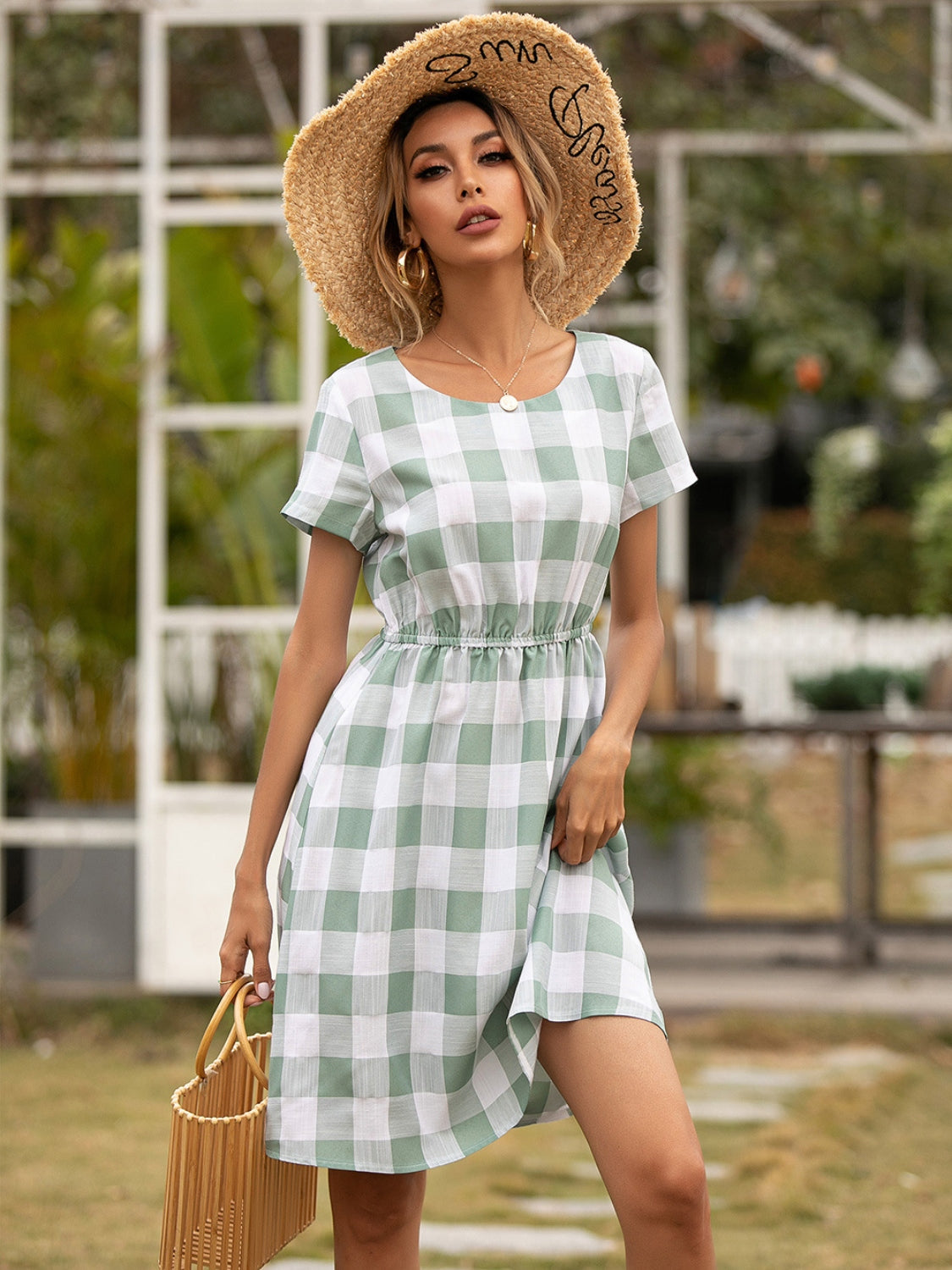 Smocked Plaid Round Neck Short Sleeve Dress-Angel Casuals