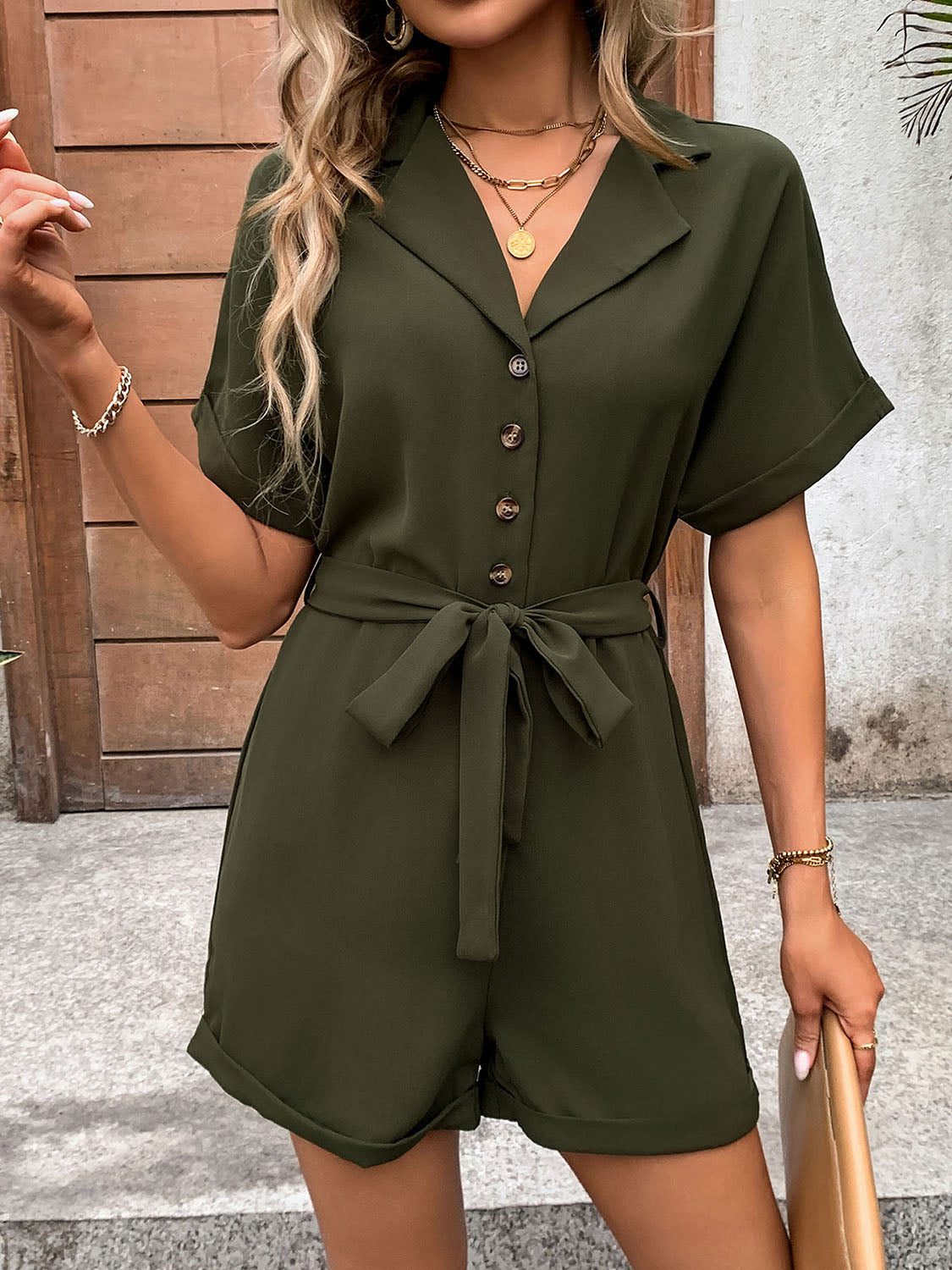 Half Button Tie Waist Short Sleeve Romper-Angel Casuals