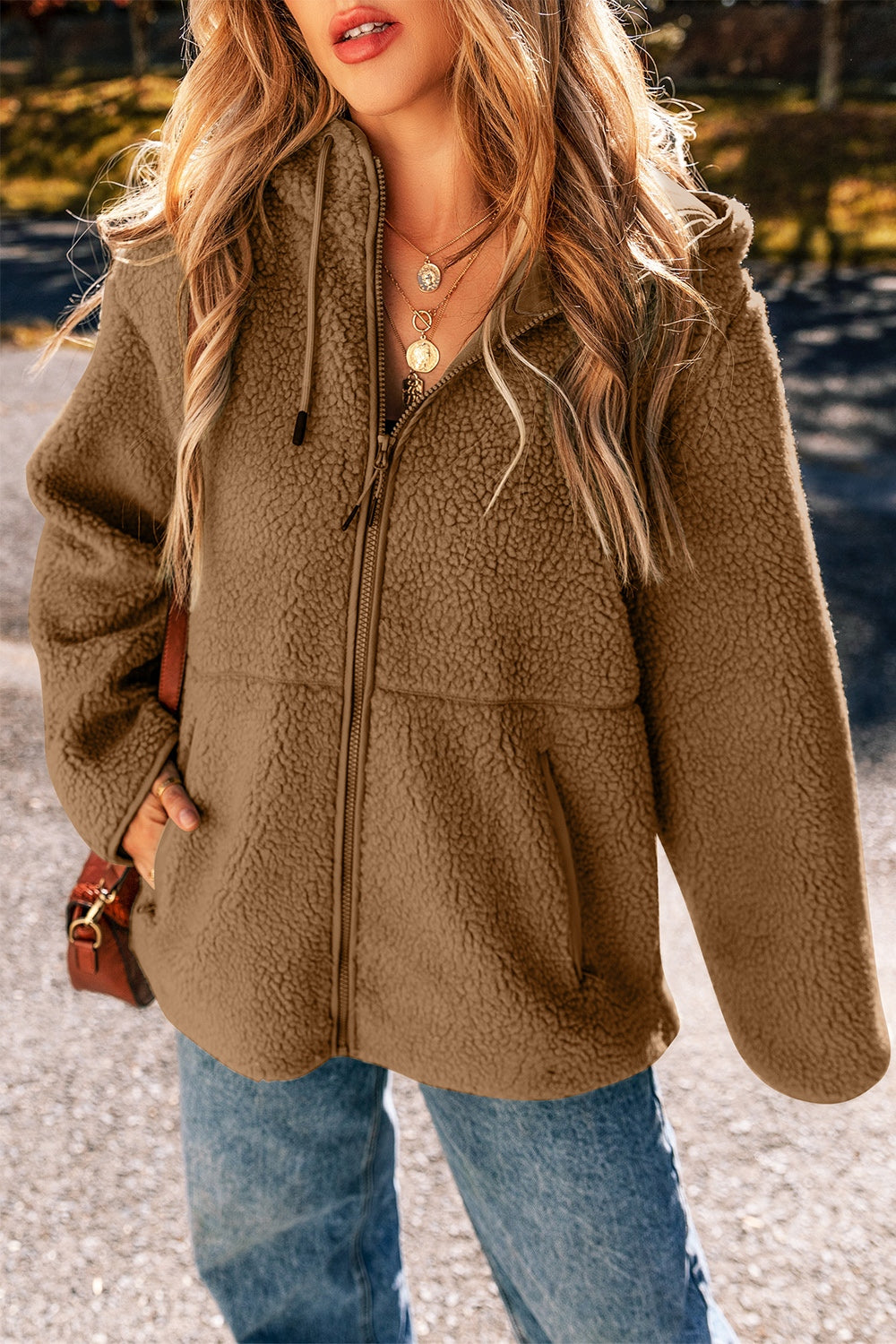 Drawstring Fleece Zip Up Hooded Jacket-Angel Casuals