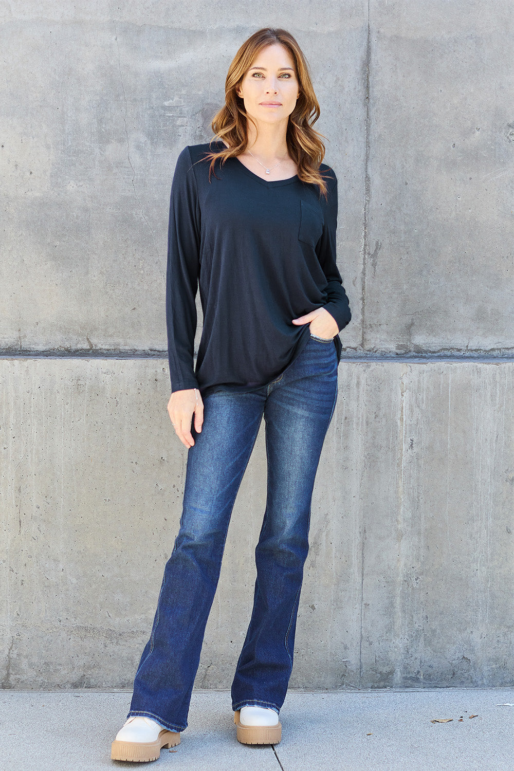 Basic Bae Full Size V-Neck Long Sleeve Top-Angel Casuals