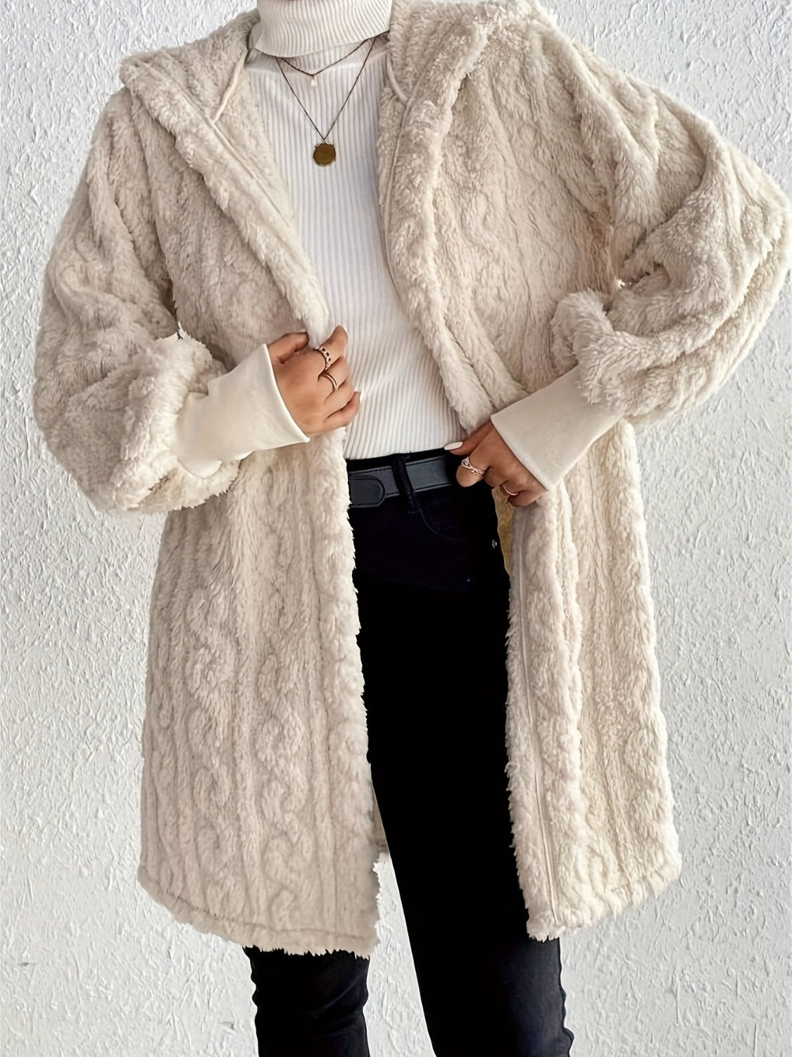 Open Front Long Sleeve Fuzzy Hooded Jacket-Angel Casuals