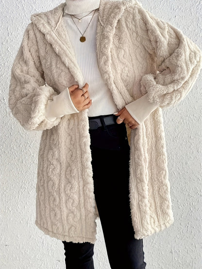 Open Front Long Sleeve Fuzzy Hooded Jacket-Angel Casuals
