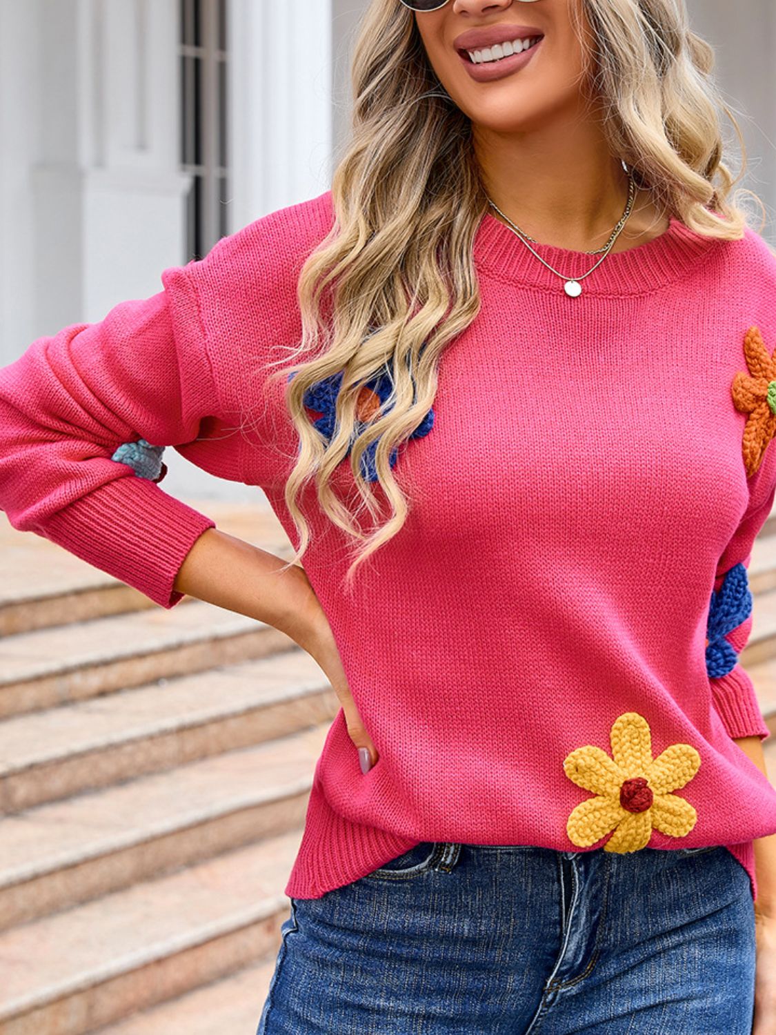 Angel Wings Crochet Flower Round Neck Sweater-Angel Casuals