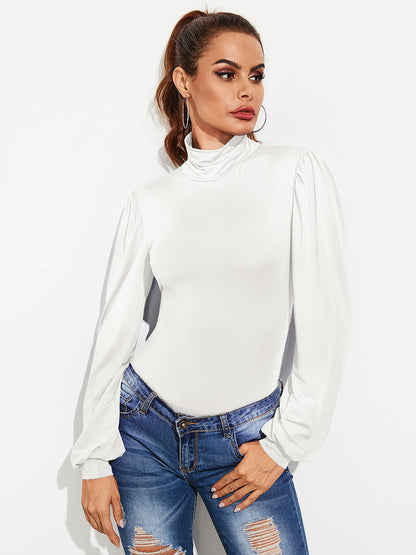 Backless Tie-Waist Turtleneck Lantern Sleeve Bodysuit-Angel Casuals