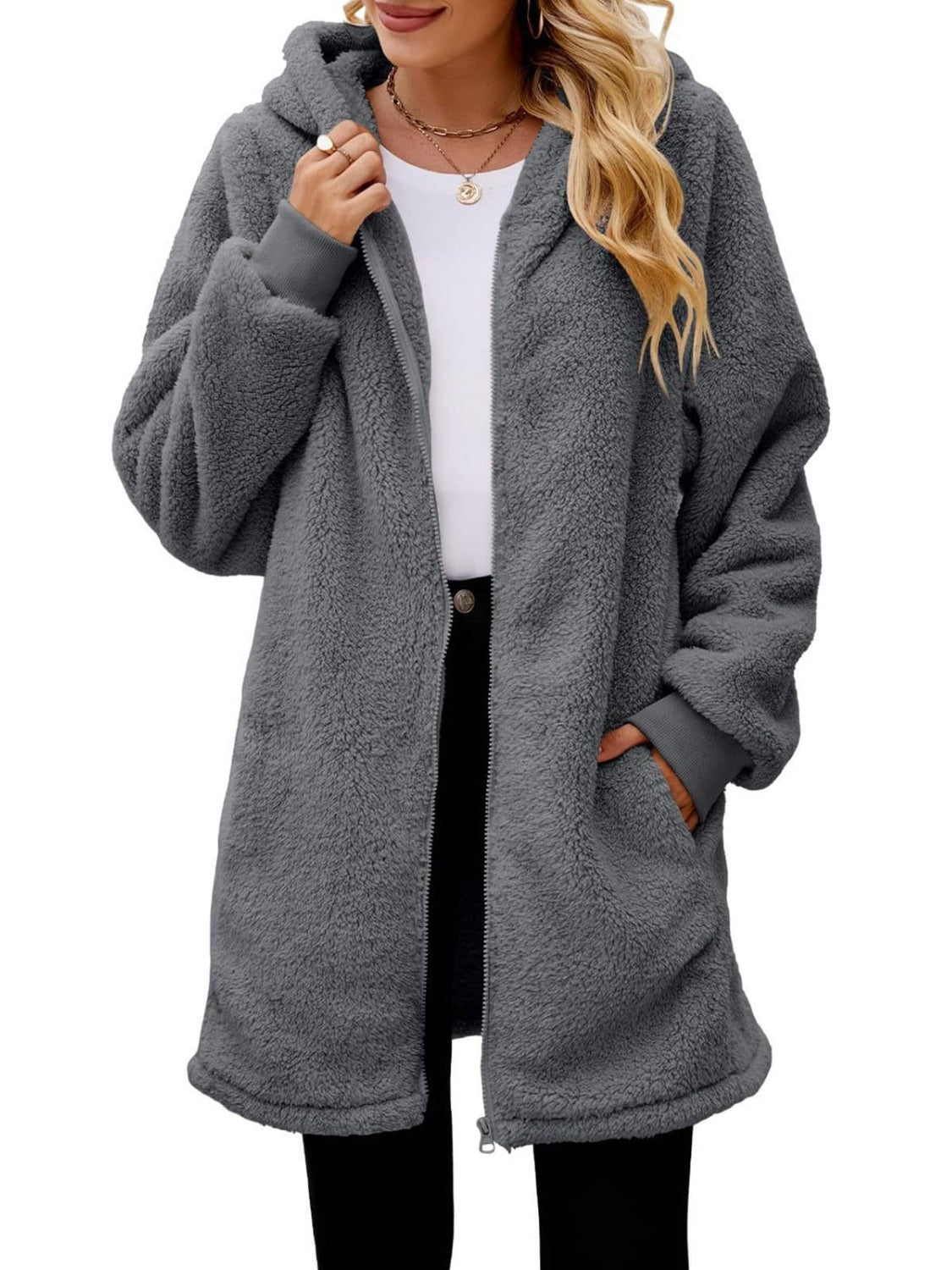 Fuzzy Pocketed Zip Up Long Sleeve Hooded Jacket-Angel Casuals