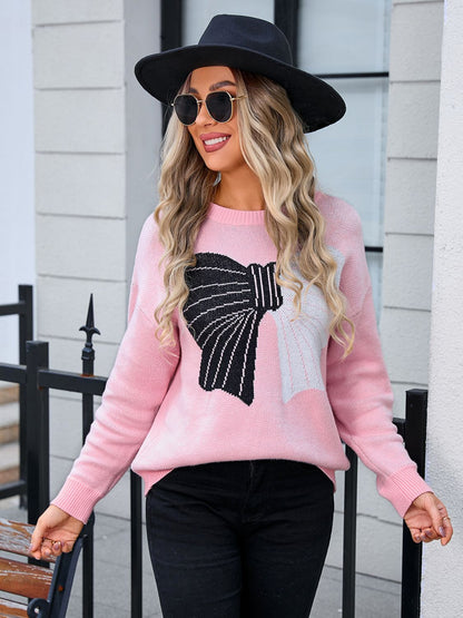 Angel Wings Bow Round Neck Dropped Shoulder Sweater-Angel Casuals