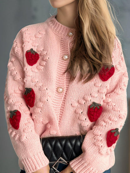 Strawberry Button Down Long Sleeve Cardigan-Angel Casuals