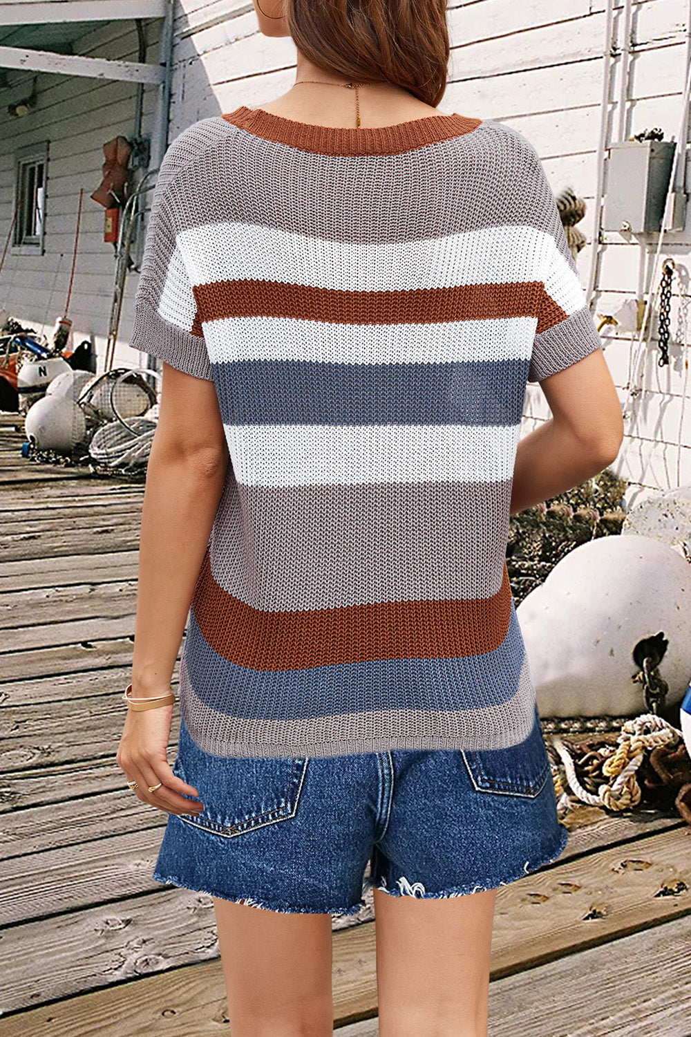 Striped Round Neck Short Sleeve Knit Top-Angel Casuals