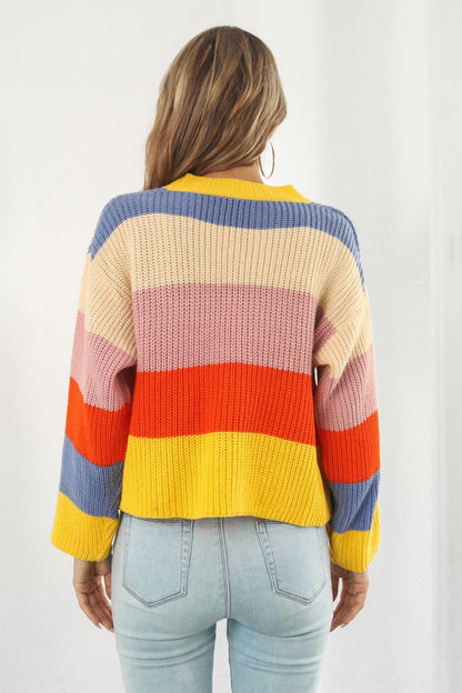 Color Block Button-Down Dropped Shoulder Cardigan-Angel Casuals