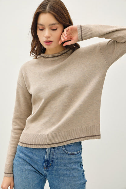 Be Cool Striped Trim Round Neck Long Sleeve Sweater-Angel Casuals