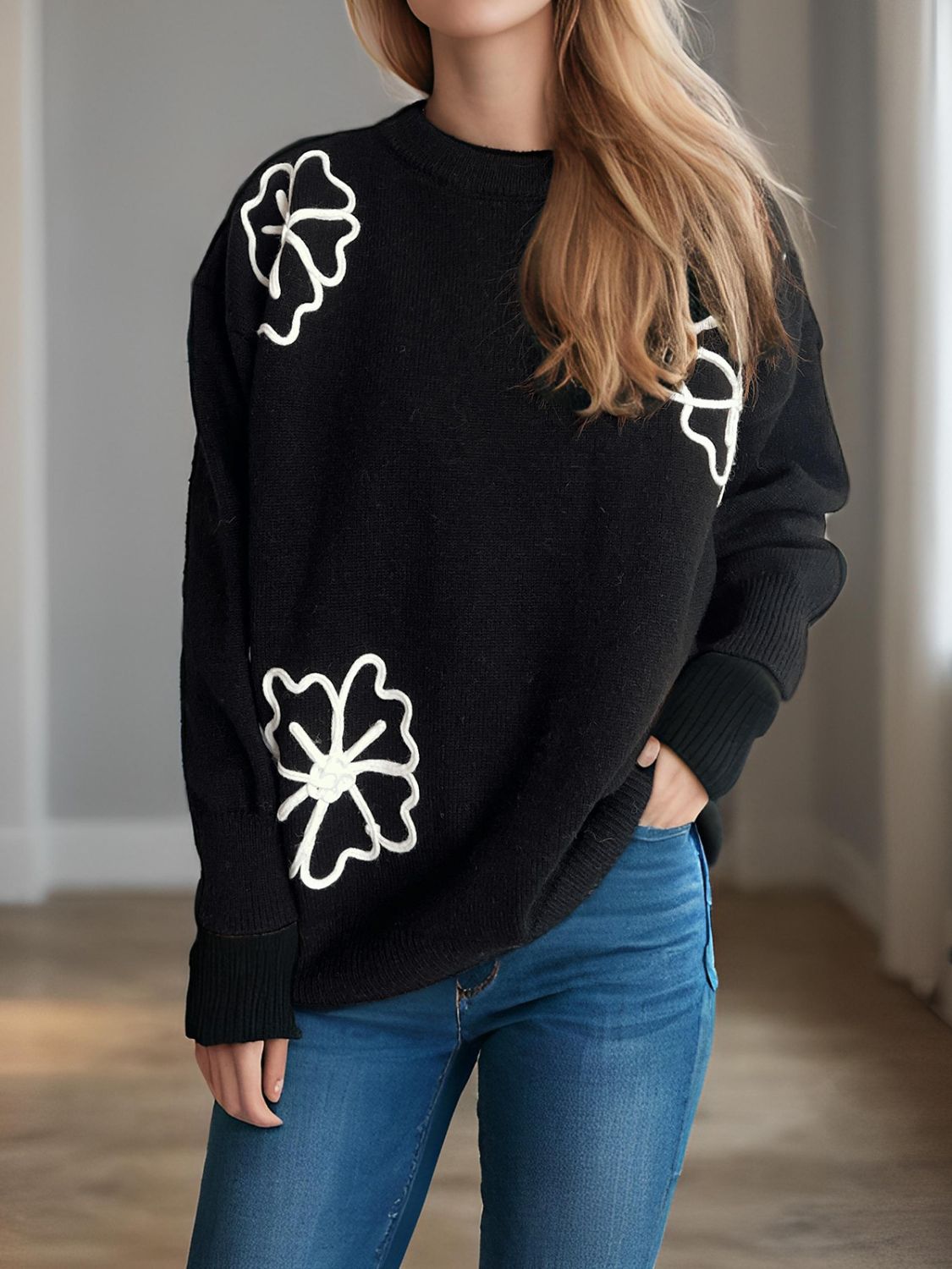 Flower Round Neck Long Sleeve Sweater-Angel Casuals