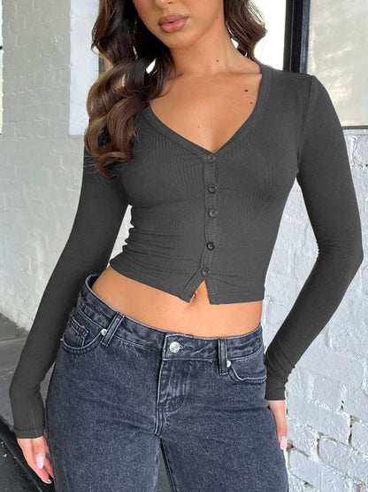 Buttoned V-Neck Long Sleeve T-Shirt-Angel Casuals