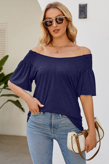 Smocked Round Neck Flutter Sleeve T-Shirt-Angel Casuals