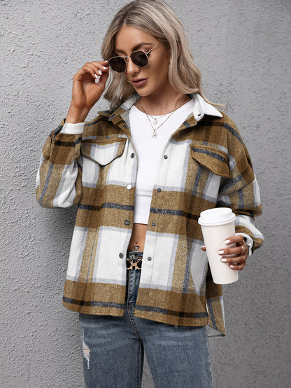 Plaid Long Sleeve Shirt Jacket-Angel Casuals