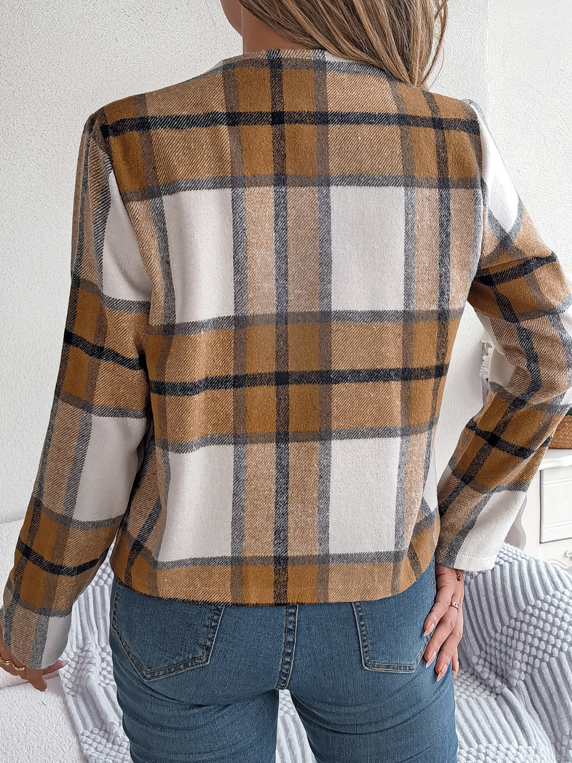 Plaid Open Front Long Sleeve Jacket-Angel Casuals