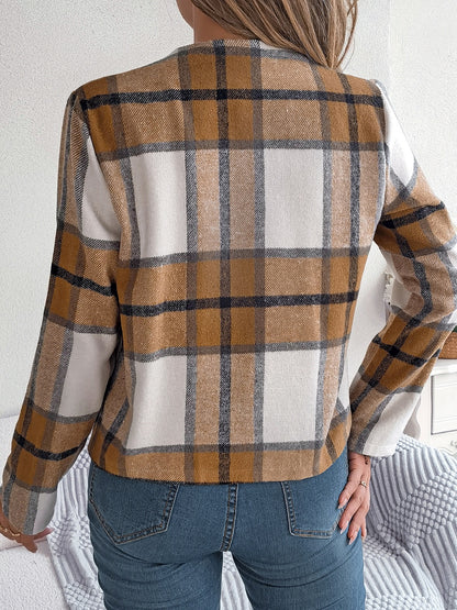 Plaid Open Front Long Sleeve Jacket-Angel Casuals