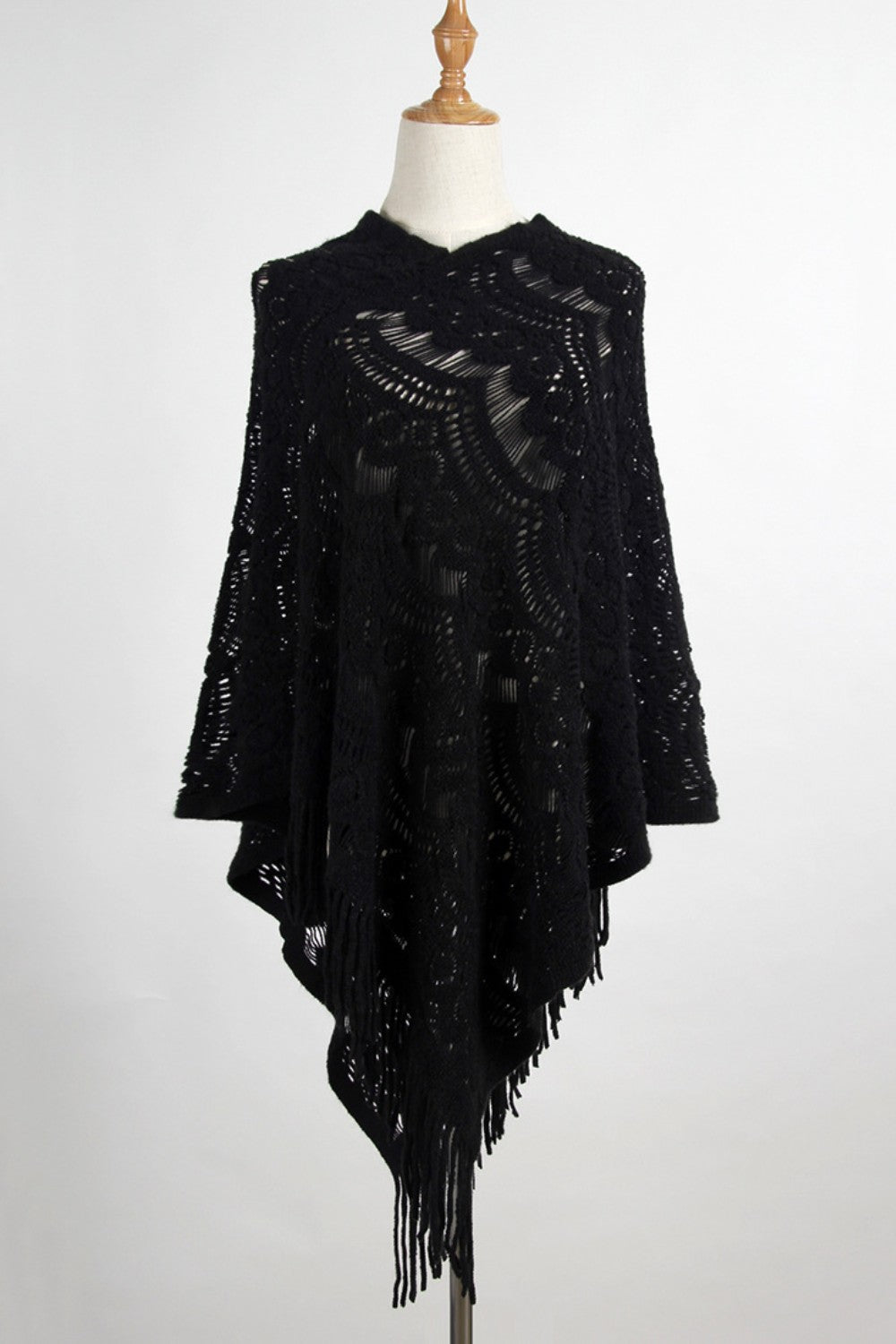 Fringe Openwork Surplice Cape Sleeve Poncho-Angel Casuals