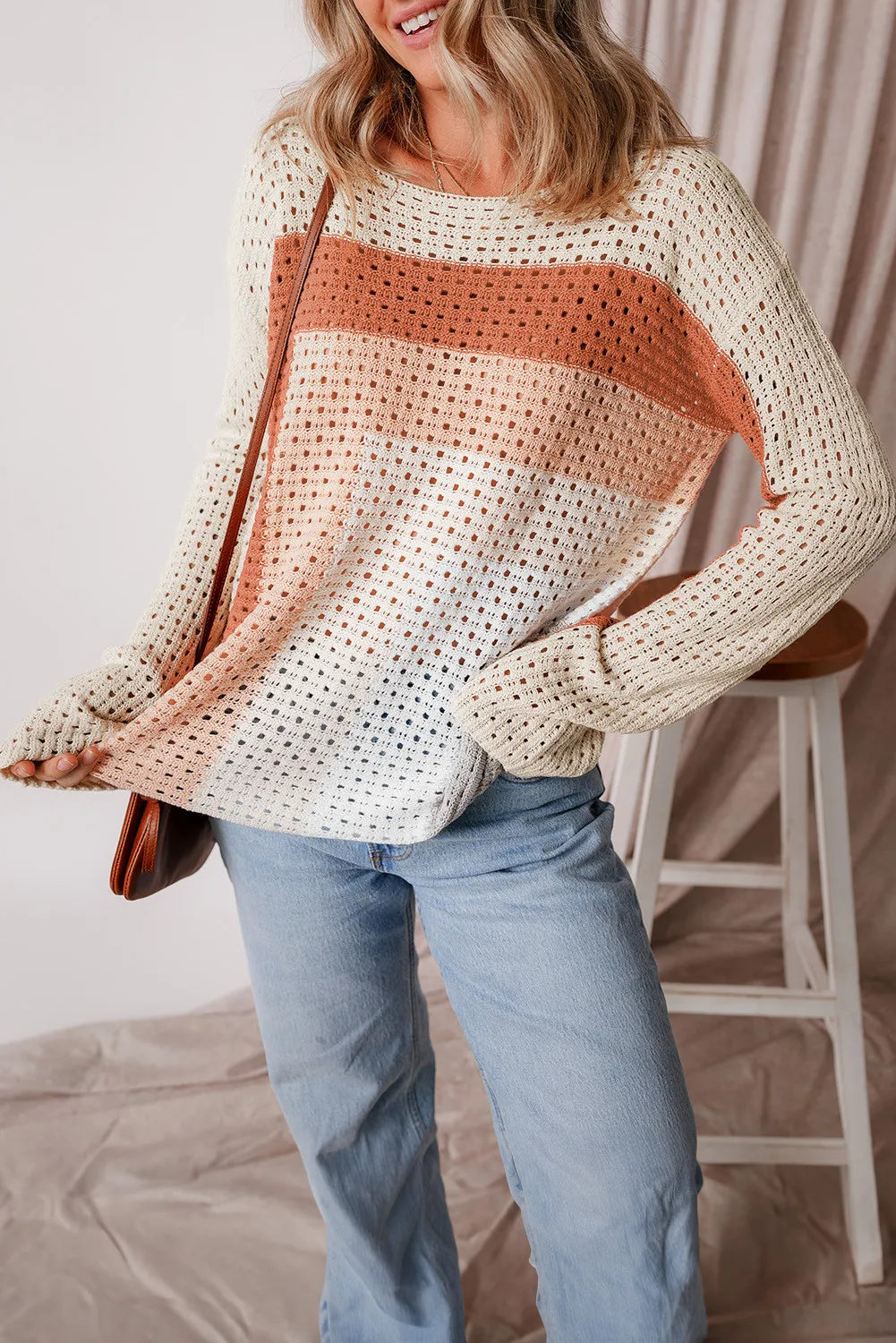 Openwork Color Block Long Sleeve Knit Top-Angel Casuals