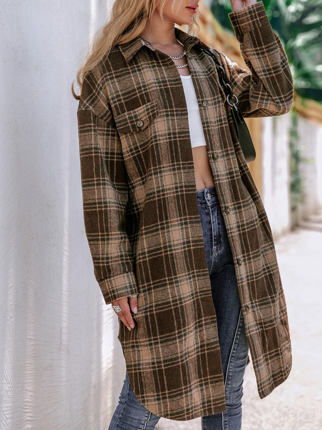 Plaid Button Up Long Sleeve Shacket-Angel Casuals