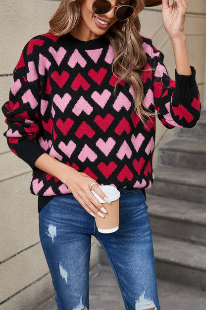 Angel Wings Contrast Heart Round Neck Sweater-Angel Casuals