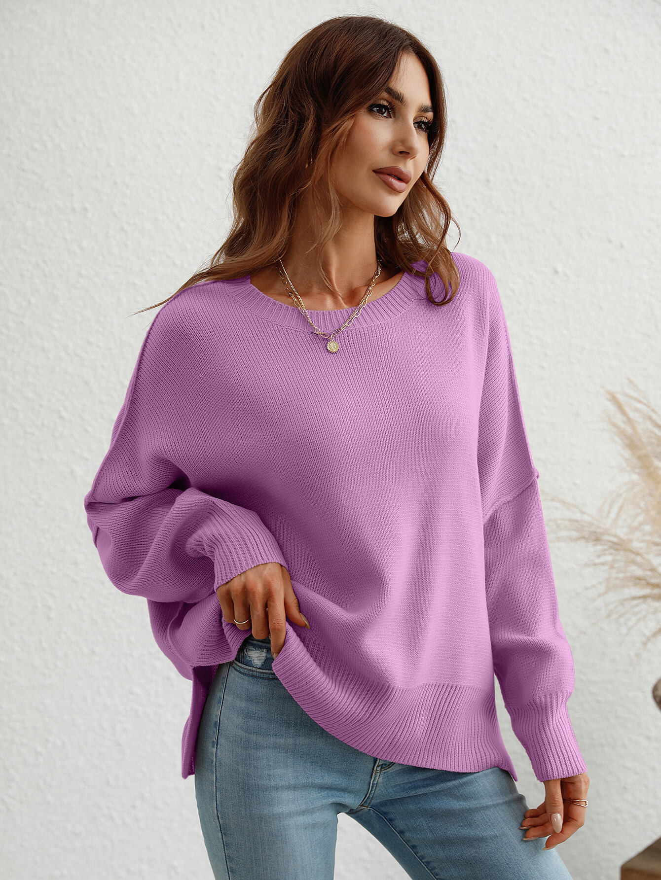 Exposed Seam Dropped Shoulder Slit Sweater-Angel Casuals