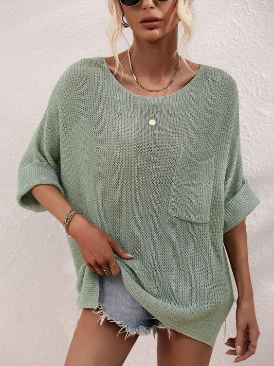 Boat Neck Cuffed Sleeve Slit Tunic Knit Top-Angel Casuals