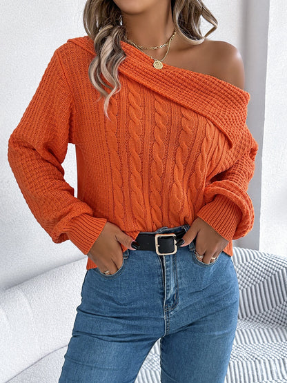 Cable-Knit One Shoulder Long Sleeve Sweater-Angel Casuals