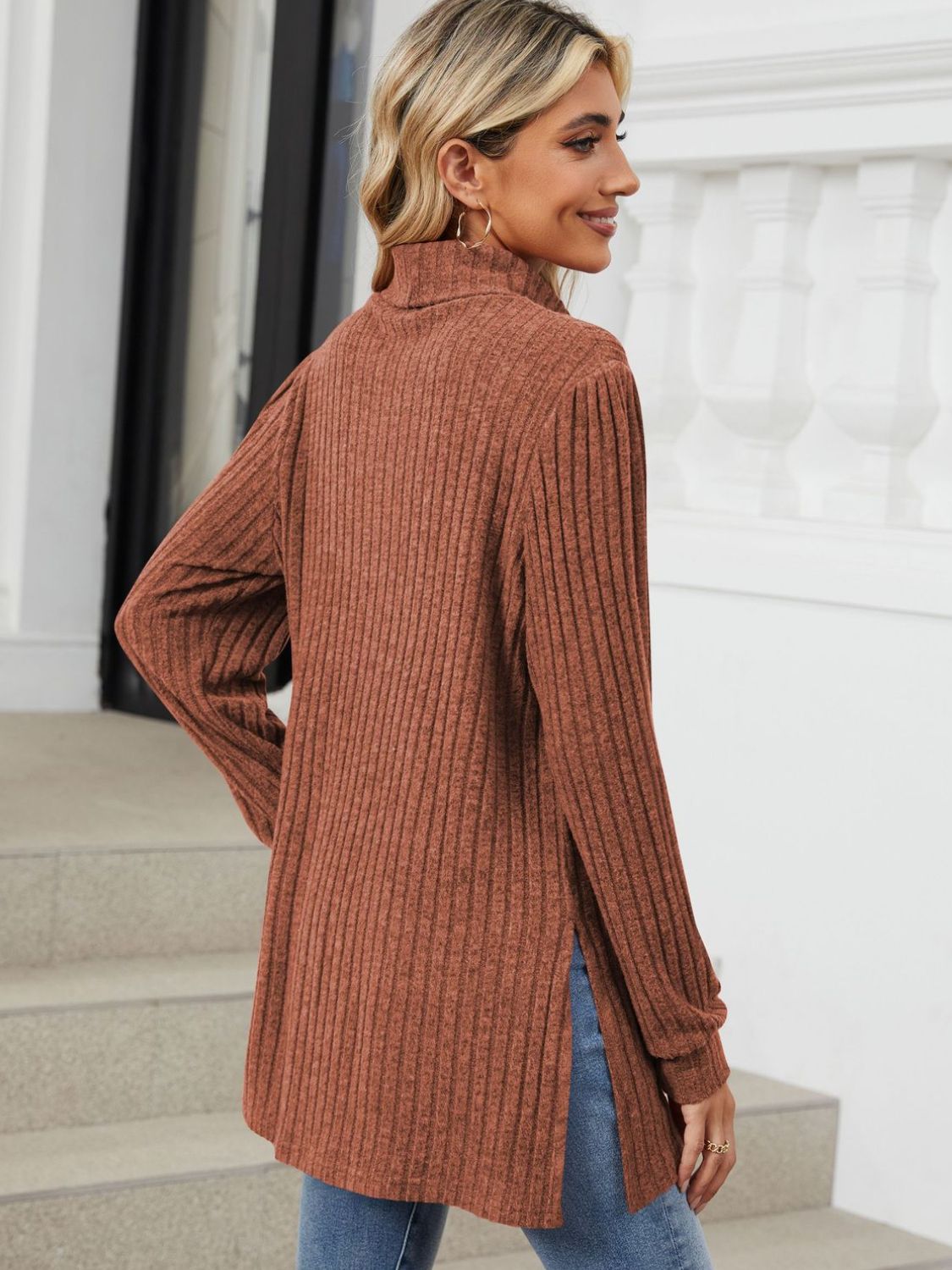 Slit Mock Neck Long Sleeve T-Shirt-Angel Casuals