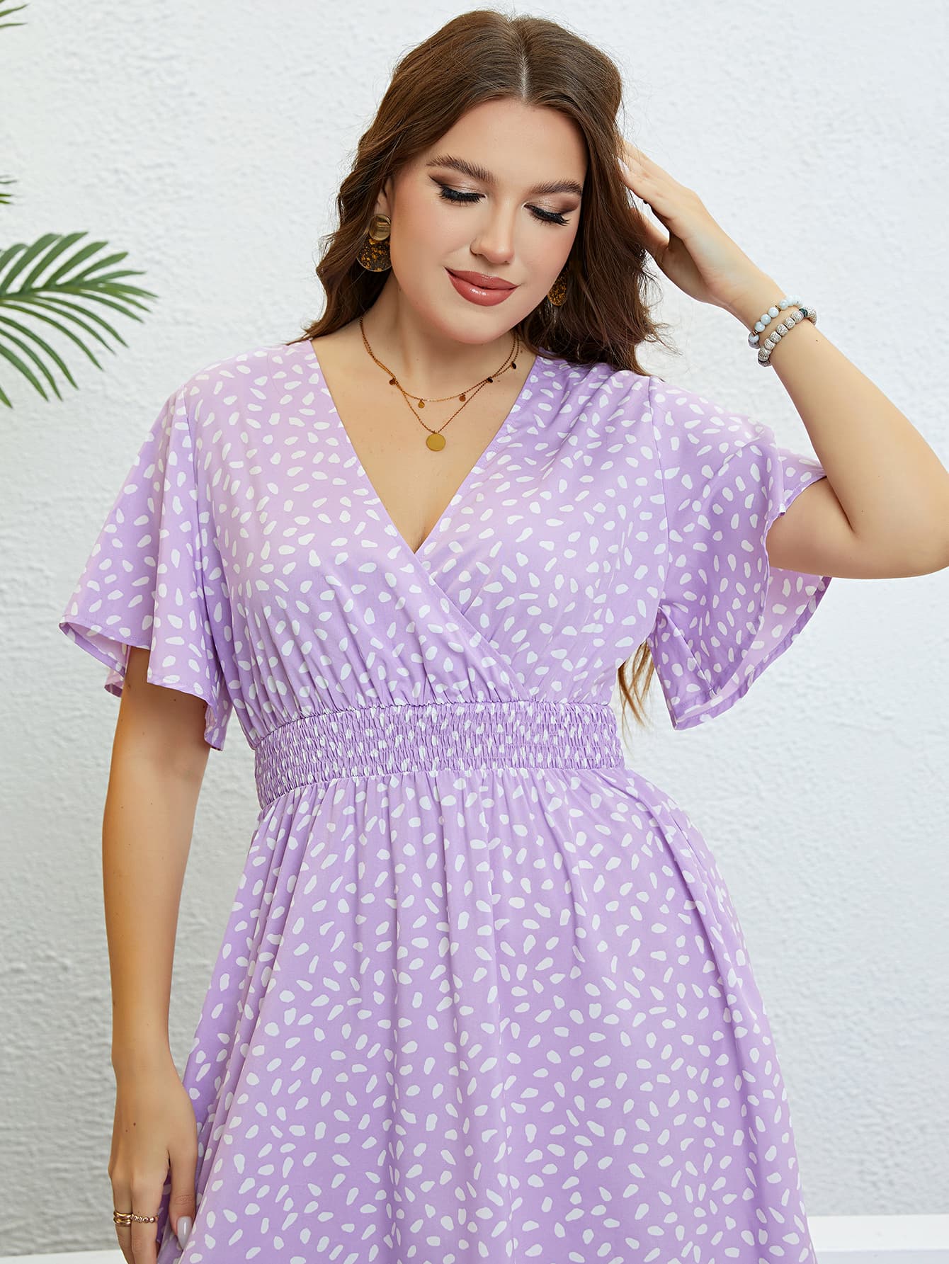 Plus Size Printed Smocked Waist Surplice Dress-Angel Casuals