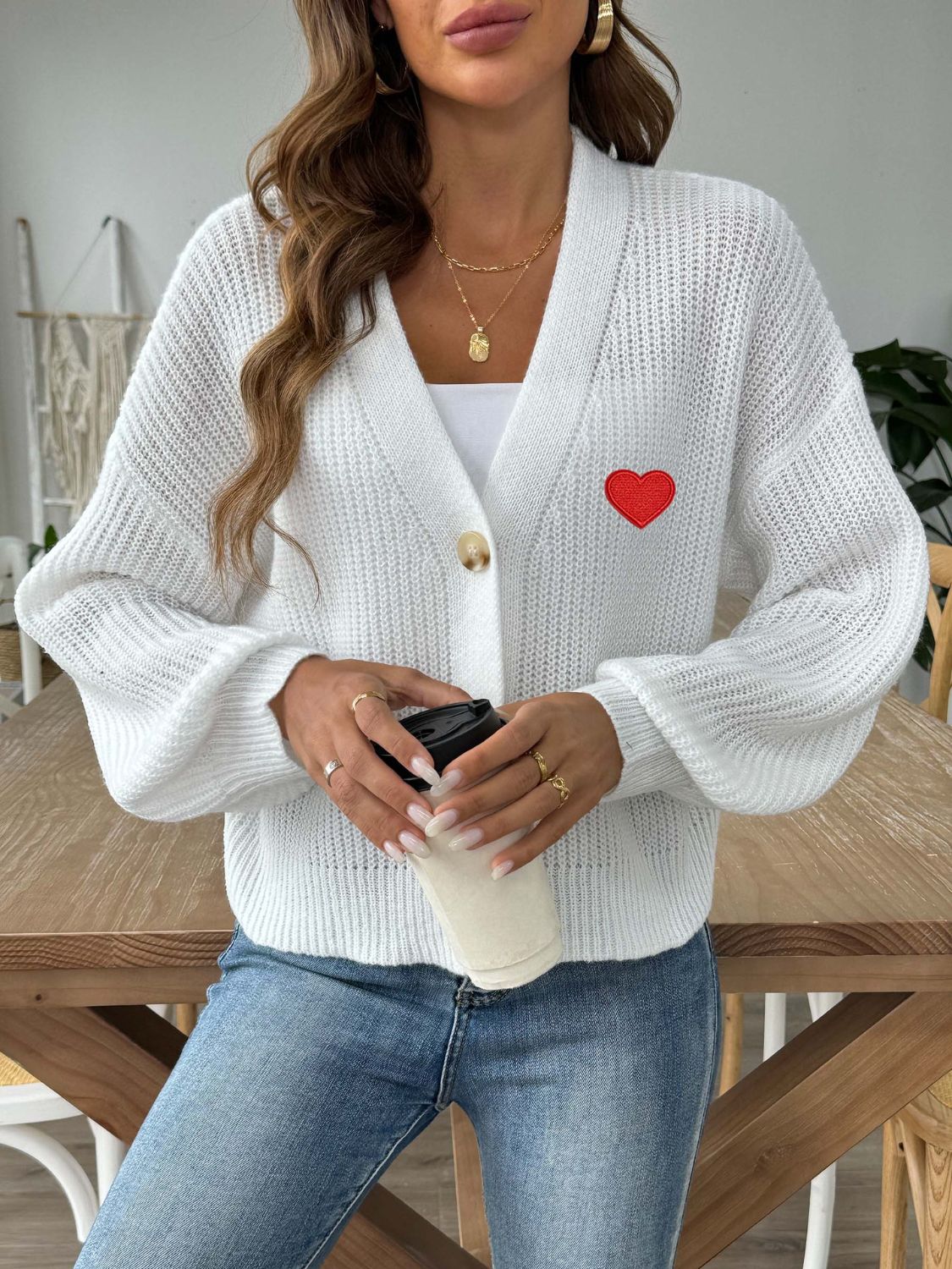 Heart Button Down V-Neck Long Sleeve Cardigan-Angel Casuals