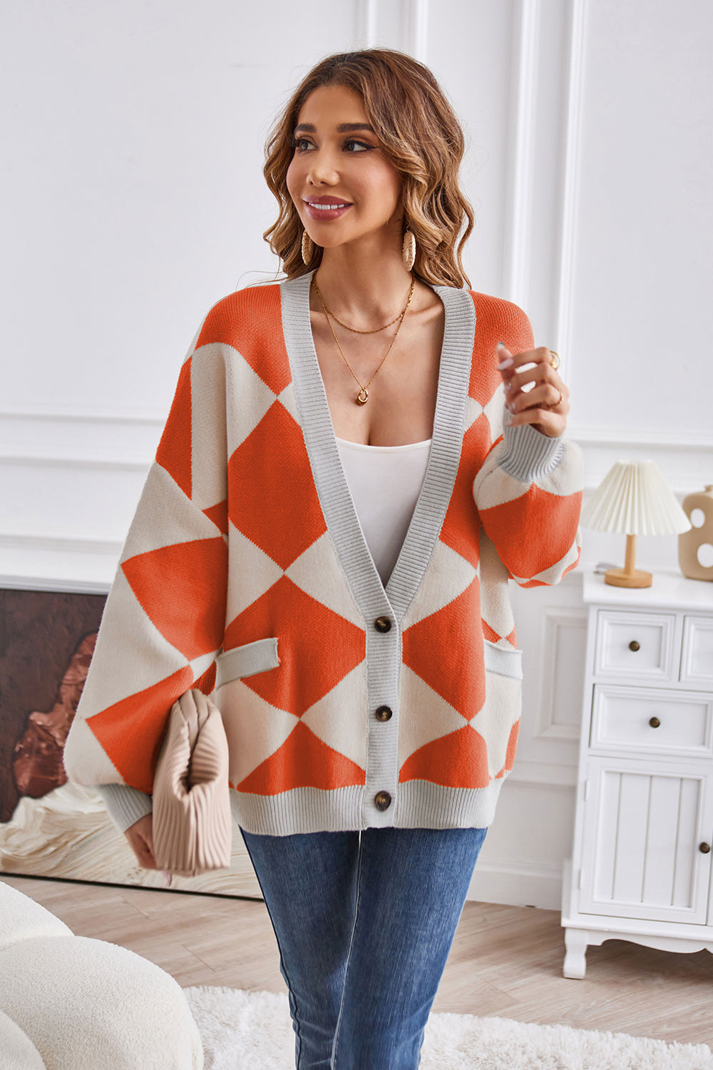 Geometric Lantern Sleeve Cardigan with Pockets-Angel Casuals