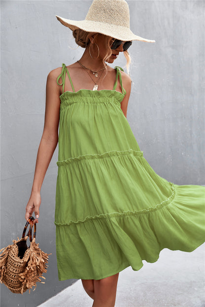 Tie-Shoulder Frill Trim Sleeveless Dress-Angel Casuals