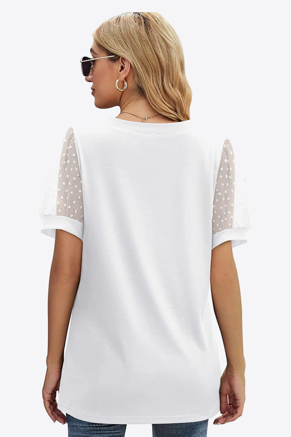 Swiss Dot Puff Sleeve V-Neck Tee-Angel Casuals