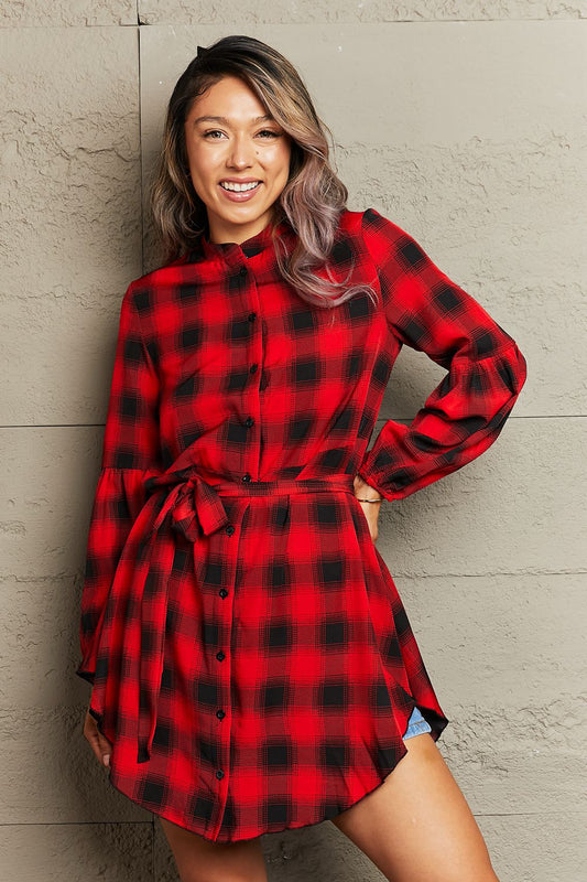 Plaid Tie Waist Balloon Sleeve Mini Dress-Angel Casuals