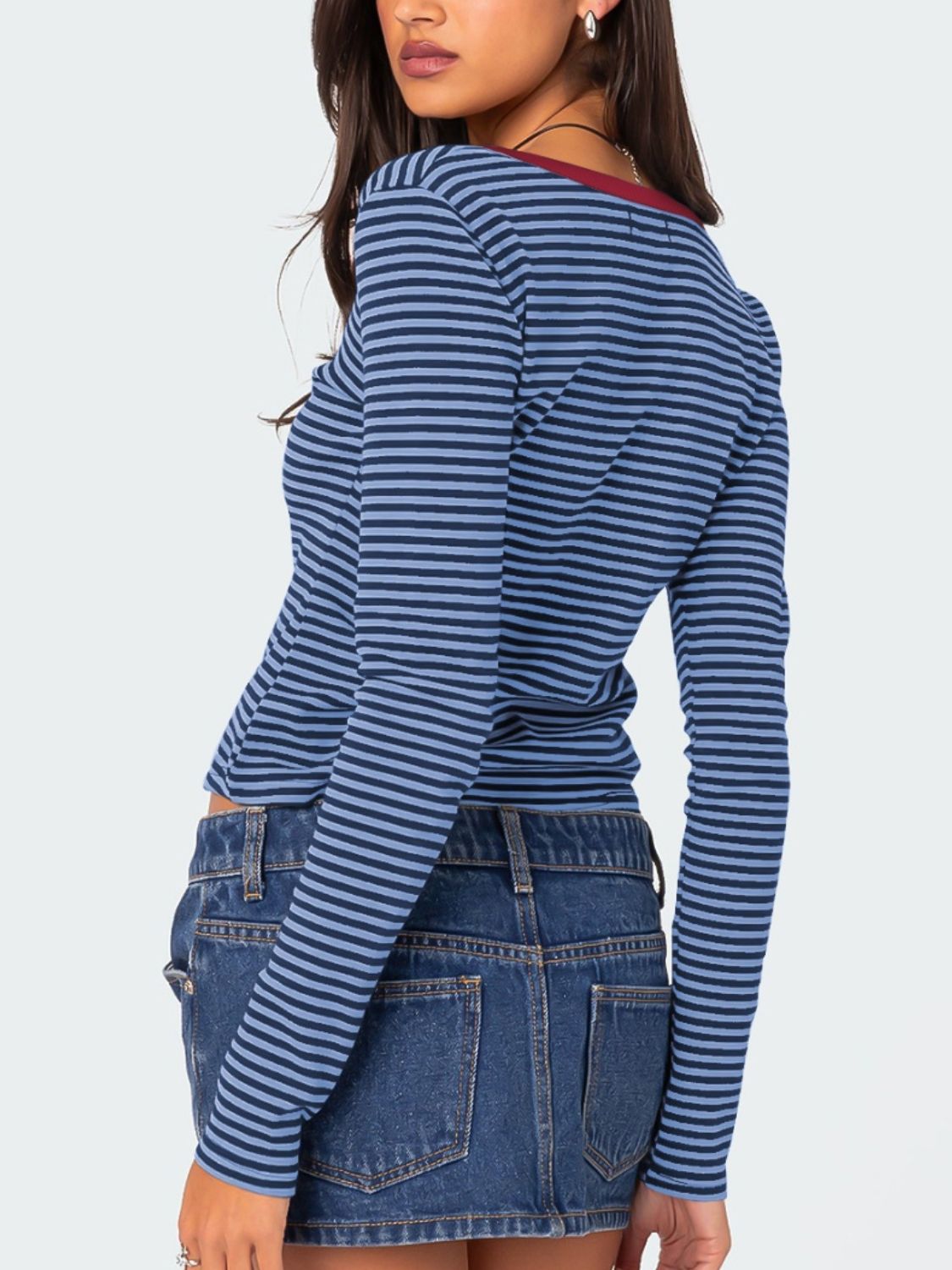 Buttoned Striped Long Sleeve T-Shirt-Angel Casuals